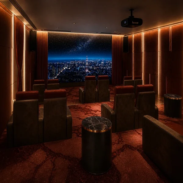 Private mini theatre at Highland Mayfields designed for entertainment and movie experiences.