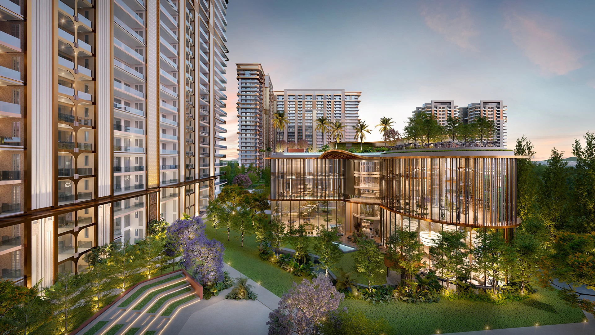 Elevated view of Highland Mayfields Mohali showcasing luxury residential towers, the clubhouse, landscaped gardens, and premium community spaces.