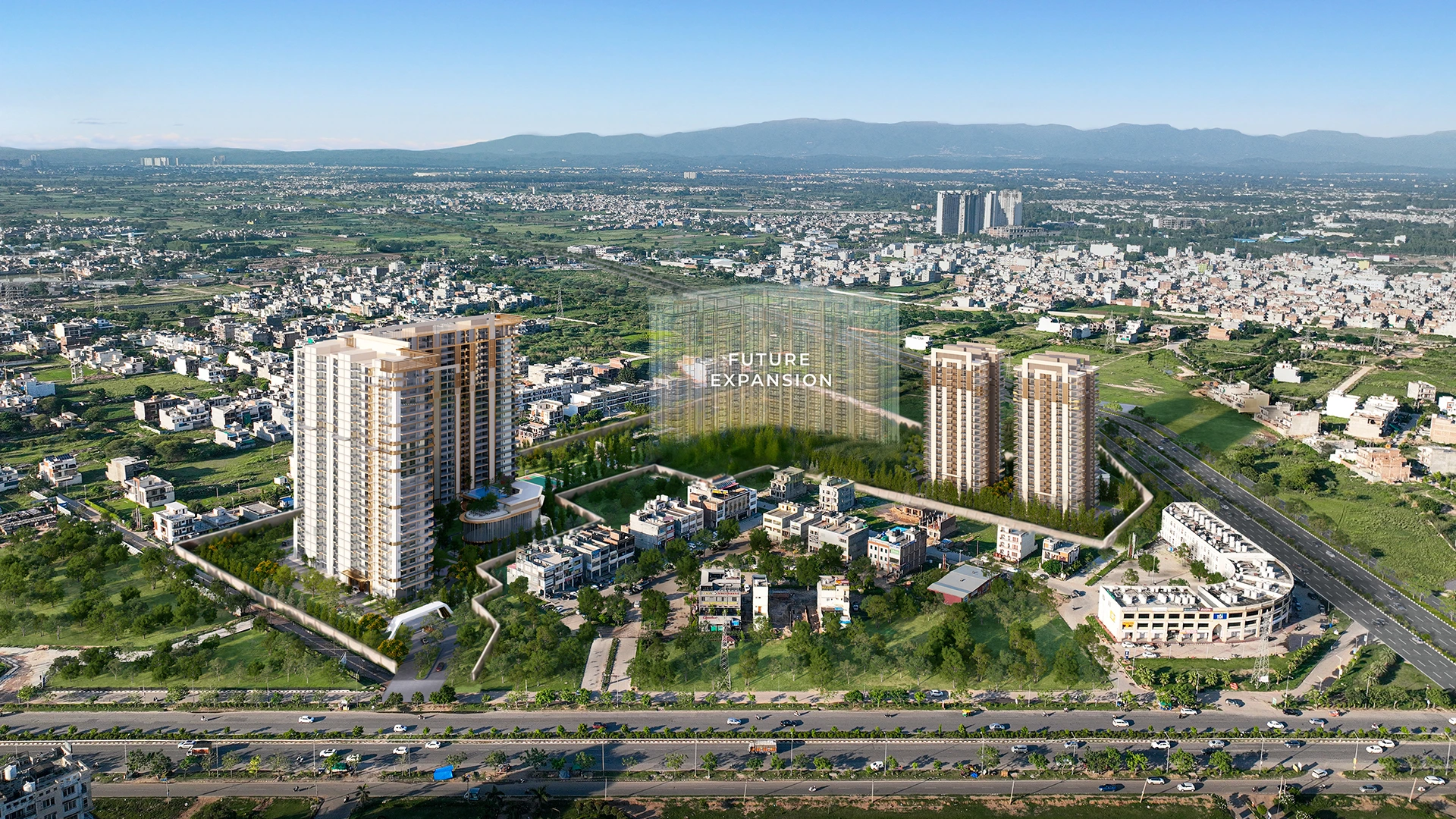 Day view of the Highland Mayfields luxury residential project featuring modern architecture and landscaped open spaces.