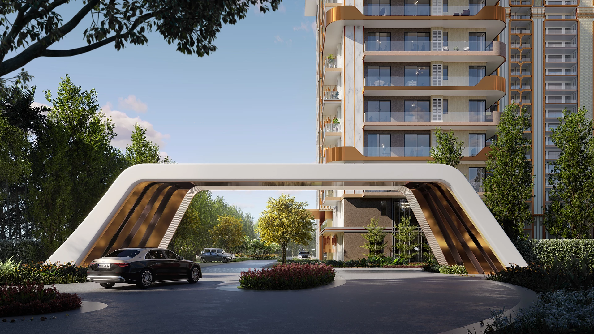 Grand entrance of Official Highland Mayfields Site featuring a modern architectural gateway, landscaped surroundings, and premium residential towers.