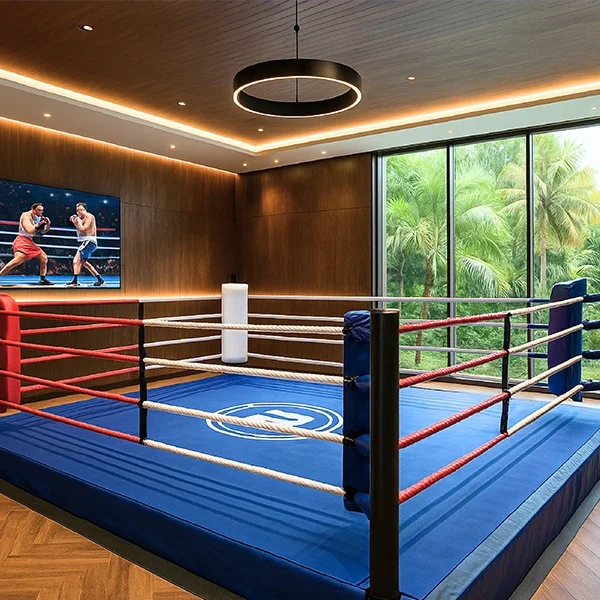 Indoor boxing training arena at Highland Mayfields featuring a professional boxing ring and fitness area.