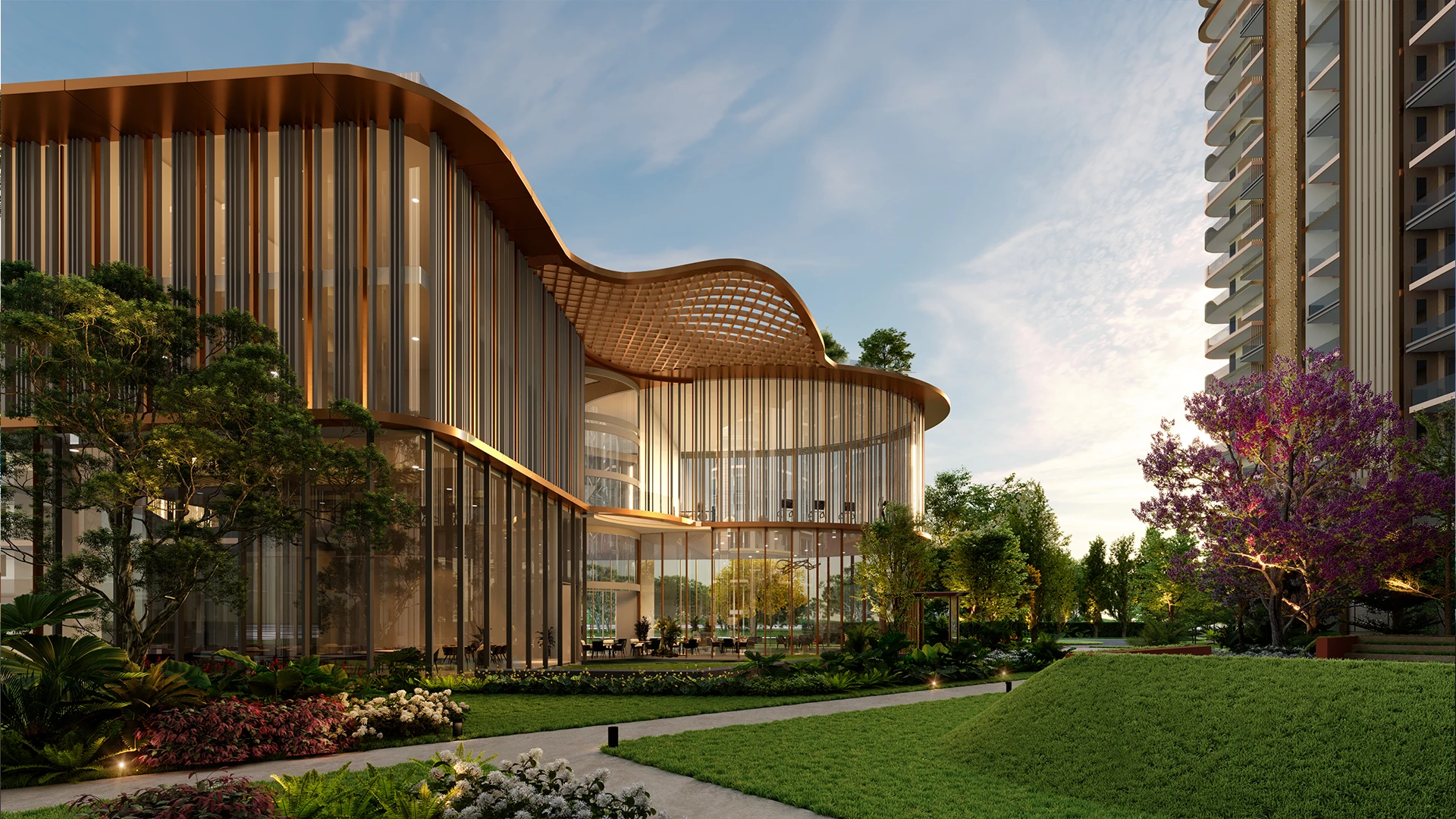 Luxury clubhouse at Highland Mayfields Official showcasing contemporary architecture, landscaped gardens, and premium lifestyle amenities.