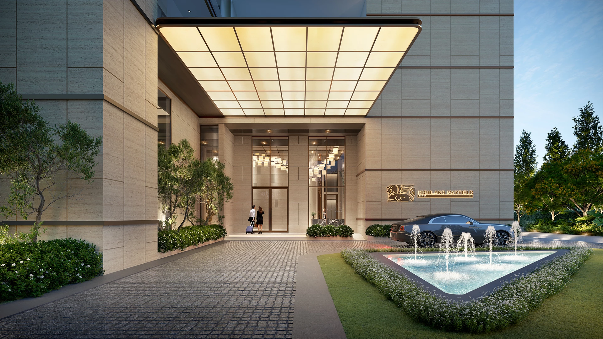 Luxury entrance drop-off at Highland Mayfields featuring a grand arrival lobby, landscaped fountain, and premium residential architecture.
