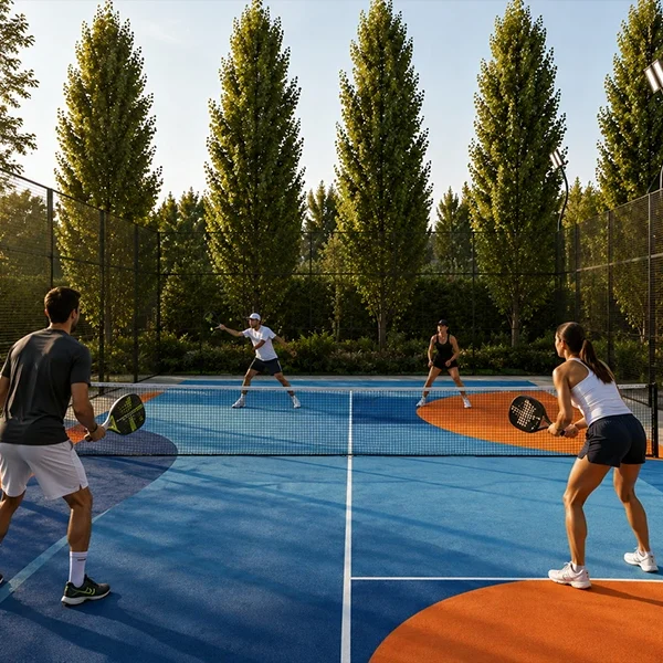 Outdoor paddle tennis court at Highland Mayfields designed for sports and recreational activities.