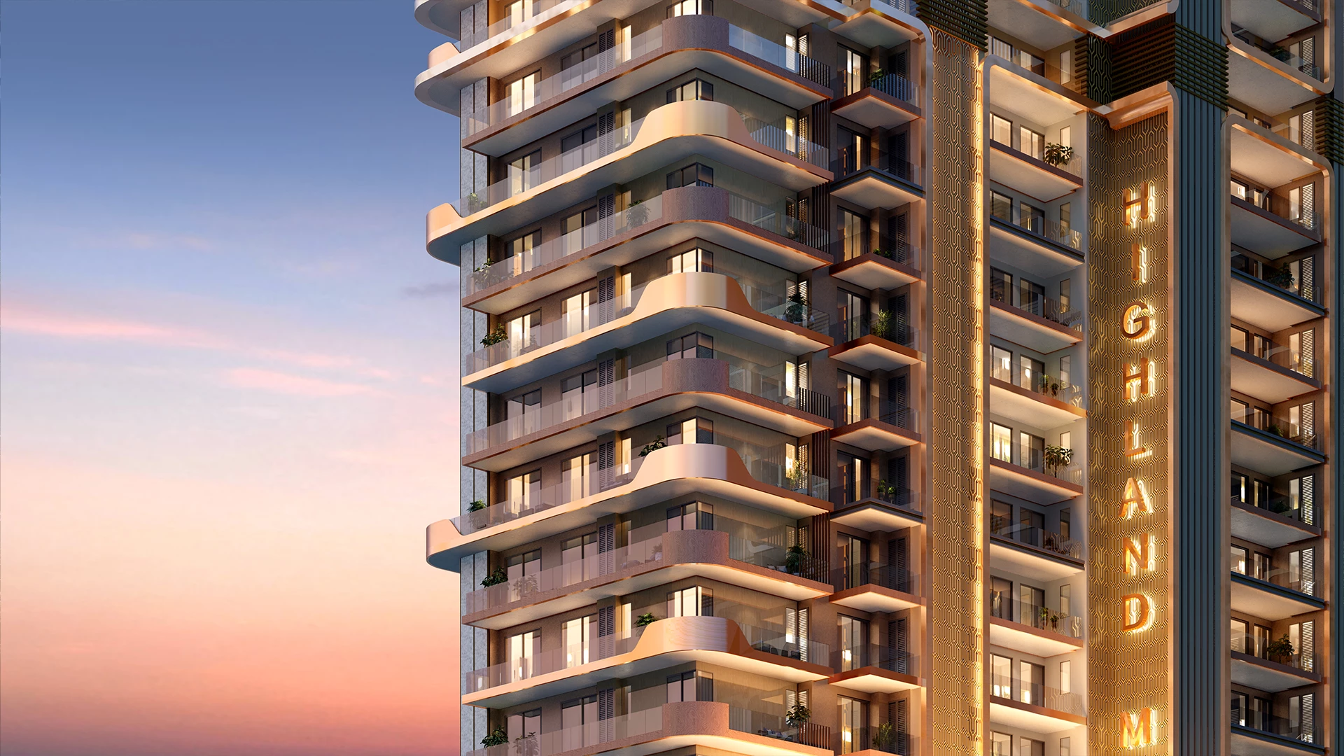 Close-up view of the Highland Mayfields Airport Road luxury residential tower showcasing contemporary façade design, curved balconies, and illuminated architectural detailing.